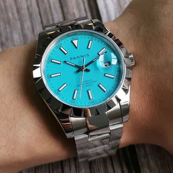 39,5 мм Parnis Синий циферблат Сталь сапфировое стекло Автоматические мужские часы Miyota Date