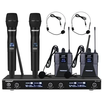FREEBOSS 4-Канальный UHF Беспроводной Микрофон 2 Bodypack 2 Карманных 4 Нагрудных Микрофона для Караоке-Системы Церковной Семейной Вечеринки FB-U400H2