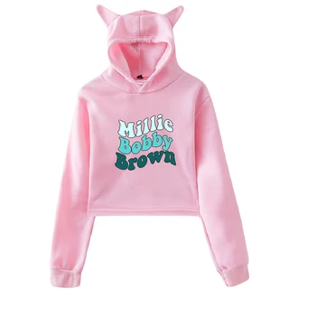 Millie B Коричневый пуловер с кошачьей укороченной толстовкой, укороченный топ, женская толстовка с капюшоном, повседневная одежда 2022 года в стиле поп-звезды Kawaii