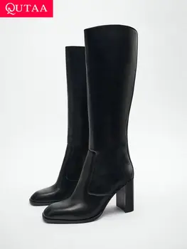 QUTAA 2023/ Женские сапоги до колена из натуральной кожи на высоком каблуке с квадратным носком, женская зимняя обувь на платформе, Модный размер 34-42