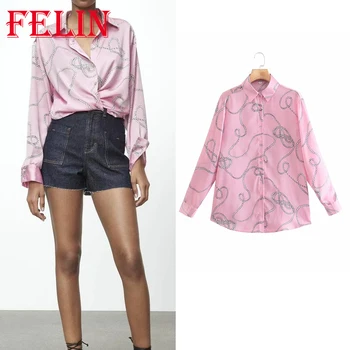 Za 2021 Женские Шикарные Розовые свободные рубашки с геометрическим принтом, уличная одежда с пятнами на одной пуговице, Блузки, Стильные Элегантные топы Mujer