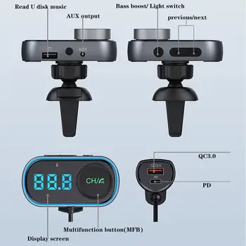Беспроводной FM-передатчик для автомобиля, USB QC3.0 PD, быстрая зарядка, MP3-плеер, комплект громкой связи, Радио, аудио, AUX адаптер 5