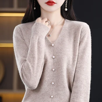 Весенний новый свитер из 100% чистой шерсти, женский модный топ с V-образным вырезом, вязаный пуловер с длинным рукавом, кашемировая нижняя рубашка