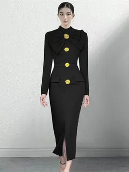 Весна 2024, новые модные женские платья с длинными рукавами и воротником-стойкой, украшенные пуговицами-бантиками, приталенное платье средней длины Y4806