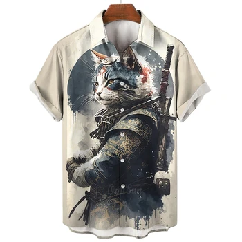 Винтажные рубашки с 3D принтом Cat swordsman, мужская одежда, блузки с изображением забавных животных, Повседневная мужская блузка с лацканами, Летние топы на пуговицах 0