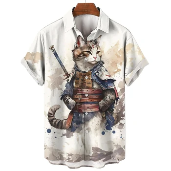 Винтажные рубашки с 3D принтом Cat swordsman, мужская одежда, блузки с изображением забавных животных, Повседневная мужская блузка с лацканами, Летние топы на пуговицах 2
