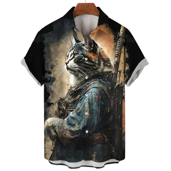 Винтажные рубашки с 3D принтом Cat swordsman, мужская одежда, блузки с изображением забавных животных, Повседневная мужская блузка с лацканами, Летние топы на пуговицах 3