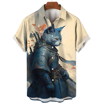 Винтажные рубашки с 3D принтом Cat swordsman, мужская одежда, блузки с изображением забавных животных, Повседневная мужская блузка с лацканами, Летние топы на пуговицах 4