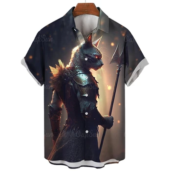 Винтажные рубашки с 3D принтом Cat swordsman, мужская одежда, блузки с изображением забавных животных, Повседневная мужская блузка с лацканами, Летние топы на пуговицах 5