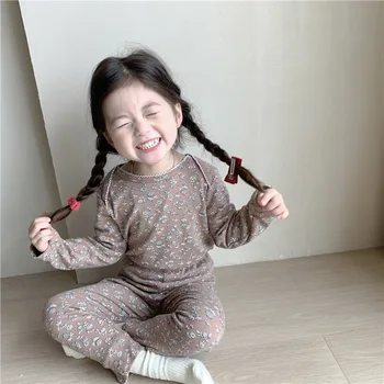 Детская одежда 2022, весна-осень, для девочек в корейском стиле, Маленький длинный комплект домашней одежды с цветочным рисунком, милые повседневные пижамы для мальчиков и девочек
