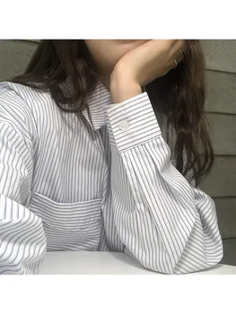 Женские рубашки, модные шикарные рубашки поло с длинным рукавом, топы, женская Корейская винтажная уличная одежда Y2k, повседневные свободные блузки в полоску Kawaii 1