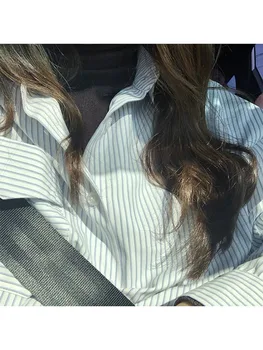 Женские рубашки, модные шикарные рубашки поло с длинным рукавом, топы, женская Корейская винтажная уличная одежда Y2k, повседневные свободные блузки в полоску Kawaii 3