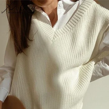 Женский модный вязаный пуловер без рукавов с V-образным вырезом, свитер, жилет, топы