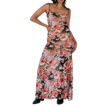 Женское летнее платье в стиле ретро с цветочным принтом, сексуальное облегающее длинное платье с глубоким вырезом на бретельках и открытой спиной, винтажные коктейльные платья для вечеринок