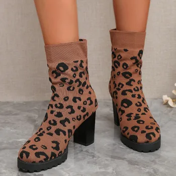 Зима 2023, Новые модные женские ботильоны, модные однотонные туфли на высоком каблуке, модная осенняя обувь с леопардовым принтом, женские ботинки