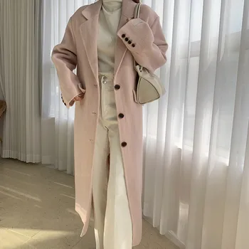 Корейский шикарный новый французский модный костюм в стиле ретро с воротником-стойкой, однобортный, свободный, длиной до колен, длинный лацкан, шерстяное свободное модное пальто, освежающее 1