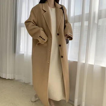 Корейский шикарный новый французский модный костюм в стиле ретро с воротником-стойкой, однобортный, свободный, длиной до колен, длинный лацкан, шерстяное свободное модное пальто, освежающее 4