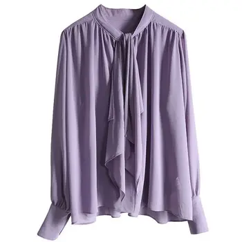 Модная женская весенняя шифоновая рубашка с V-образным вырезом, фиолетовая элегантная весенне-летняя рубашка для вечеринок в офисном стиле с длинными рукавами