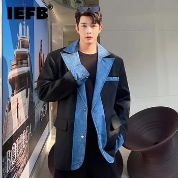Мужская куртка IEFB Контрастного цвета, Корейская Мода 2023, Повседневный Костюм, Воротник Из Денима, Строчка, Однобортный Мужской Блейзер 9A1545