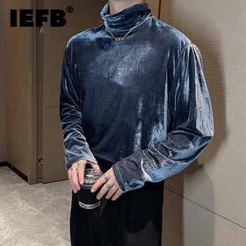 Мужская футболка с длинным рукавом IEFB 2023, Новая Бархатная Рубашка С высоким воротом На подкладке Для Мужчин, Приталенный Темпераментный Однотонный Пуловер 9C2243