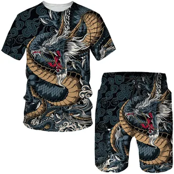 Мужские футболки / Шорты / комплекты с 3D-принтом дракона в китайском стиле, японский костюм самурая, модная мужская уличная одежда, костюм