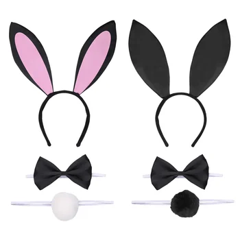 Набор аксессуаров для кролика Повязка на голову с заячьими ушками, хвостиками из шерсти и завязками-бантиками для костюма на Хэллоуин