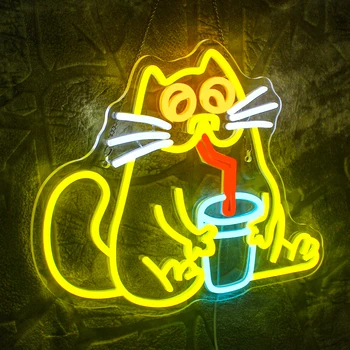 Неоновая вывеска Cat Drink Bar, Неоновые вывески, декор стен, вырезанный кот, неоново-желтый кот, светодиодные вывески для спальни, вечеринки, игровой комнаты, подарков любителям кошек