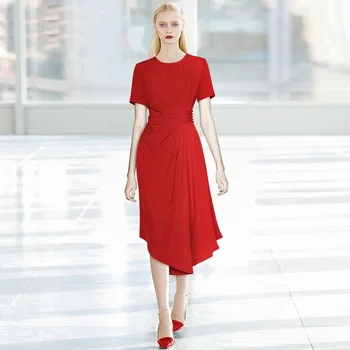 Новые модные дизайнерские Летние женские повседневные платья с круглым вырезом и короткими рукавами, Тонкие асимметричные Красные