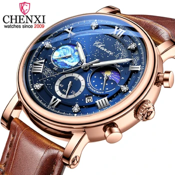 Новые роскошные мужские часы с хронографом CHENXI, кожаный ремешок, спортивные наручные часы, Календарь, мужские водонепроницаемые часы со светящимся указателем