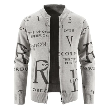Новый модный мужской кардиган с V-образным вырезом, воротником с рисунком алфавита, длинными рукавами, толстые зимние куртки, мужское пальто в корейском стиле на молнии