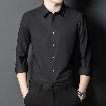 Однотонные эластичные рубашки с длинными рукавами из бамбукового волокна для мужчин, приталенная официальная однотонная рубашка в английском стиле, белая рубашка, деловые топы 1
