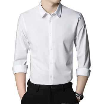 Однотонные эластичные рубашки с длинными рукавами из бамбукового волокна для мужчин, приталенная официальная однотонная рубашка в английском стиле, белая рубашка, деловые топы 5