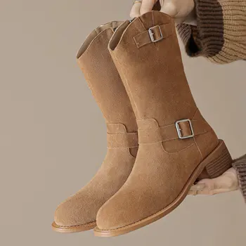 Осенне-зимние ботинки из коровьей замши, высота до икр, женская обувь в стиле ретро, удобные плоские каблуки, круглый носок