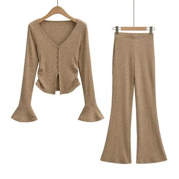 Осенние модные блузки harajuku для женщин, мода 2023, осенний укороченный топ с длинным рукавом для женщин, вязаная блузка с v-образным вырезом и расклешенными рукавами