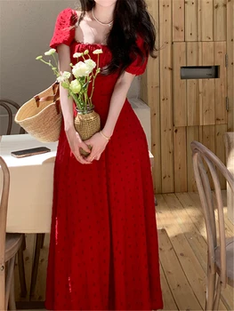 Платье Миди Женское Элегантное Лето 2023, Новый Квадратный воротник, модная вечеринка, Женские Винтажные платья, Женская Корейская одежда