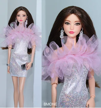 Розовое кружевное платье/платье с блестящей серебристой юбкой/30 см кукольная одежда летняя одежда Для 1/6 Xinyi FR ST Куклы Барби
