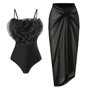 Сексуальный комплект бикини, модный купальник с 3D цветочным рисунком, женское однотонное цельное платье, Градиентная юбка для купания, пляжный купальный костюм