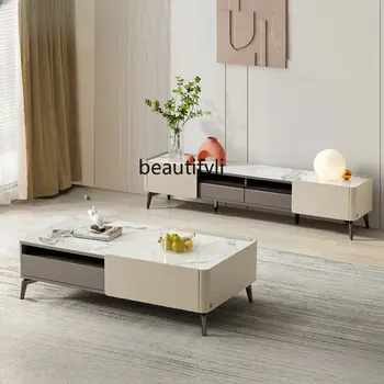 Современная минималистичная гостиная с каменной плитой, журнальный столик, шкаф для хранения телевизора, комбинированный журнальный столик для гостиной