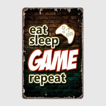 Табличка с Неоновой Вывеской на тему Видеоигры Eat Sleep Game Repeat для Геймеров, Напечатанная на Металлической Жести, Современный Художественный декор для Игровой комнаты