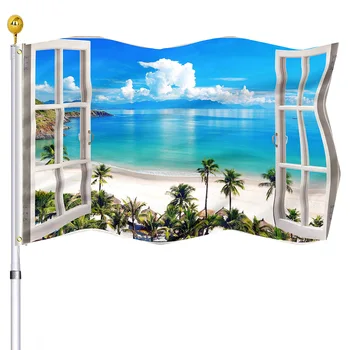 Флаг Океанского Пляжа Голубое Море Тропический Райский Остров Лето Кокосовая Пальма Приморское Окно Пейзаж Флаги с 2 Латунными Втулками