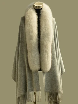 Шаль из чистой шерсти с удлиненным воротником из лисьего меха, осенне-зимнее женское свадебное платье Чонсам, верхняя одежда из клетчатого меха с кисточками