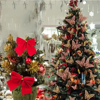 12 шт./компл. Украшения для рождественской елки, 3D наклейки с бабочками, Банты из красной ткани на Рождество, День рождения, Подарочная упаковка с маленьким бантом