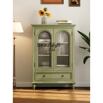 Арочный винный шкаф из массива дерева американского зеленого цвета в новой маленькой квартире, низкий шкафчик, шкафчик сбоку, Встроенная настенная мебель