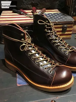 Винтажные ботинки из натуральной кожи в британском стиле, мужские ковбойские рабочие ботинки с высоким берцем, мотоциклетные короткие ботинки ручной работы из воловьей кожи на шнуровке, мужские