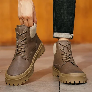 Зимние мужские ботинки 2023 года, мужские ботинки на шнуровке в британском стиле, рабочие ботинки на нескользящей толстой подошве, повседневная универсальная модная мужская обувь