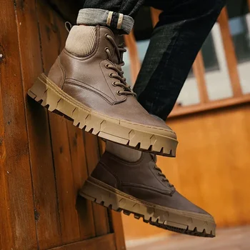 Зимние мужские ботинки 2023 года, мужские ботинки на шнуровке в британском стиле, рабочие ботинки на нескользящей толстой подошве, повседневная универсальная модная мужская обувь 2