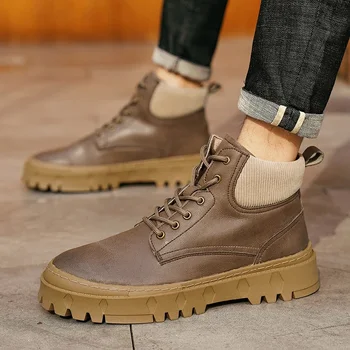 Зимние мужские ботинки 2023 года, мужские ботинки на шнуровке в британском стиле, рабочие ботинки на нескользящей толстой подошве, повседневная универсальная модная мужская обувь 3