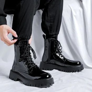 итальянский бренд, дизайнерские мужские ботинки из лакированной кожи, повседневная черная модная обувь, ковбойские ботинки на платформе, высокие мотоциклетные botas hombre