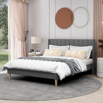 Каркас кровати-платформы AGARTT с мягкой обивкой Queen Size, с изголовьем и изножьем, простая сборка, серый бархат