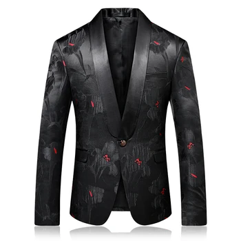 Качественный мужской блейзер, роскошный жаккардовый Черно-красный повседневный пиджак с цветочным узором, стильный пиджак для певцов ночного клуба